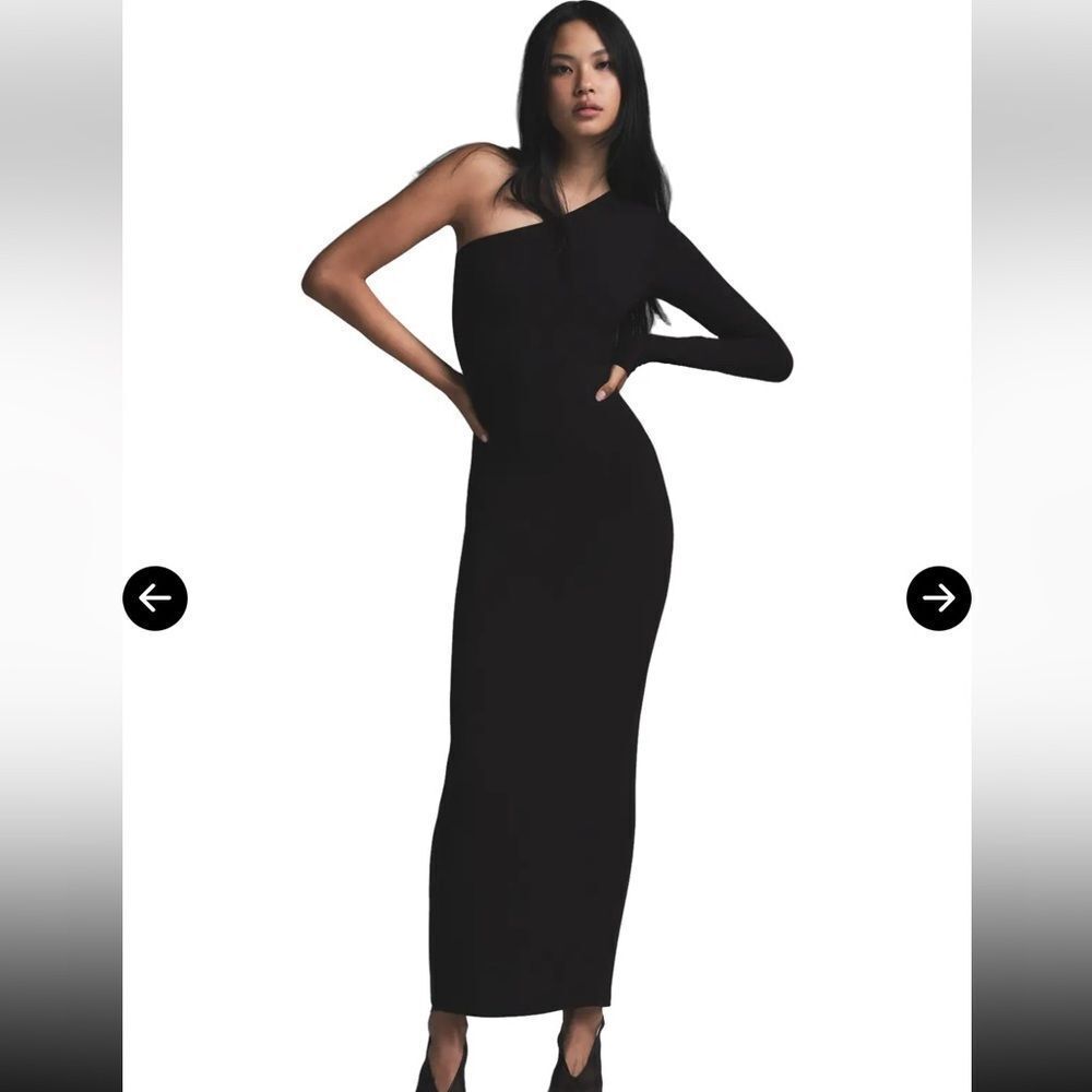 NWT Skims RIBBED soft lounge one shoulder long dress in onyx black size L